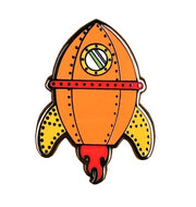 Orange rocket with red flames and yellow wings.